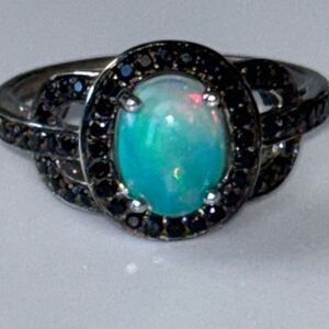 KJC 925 silver opal ring oval w/black spinel Sz 9 halo setting